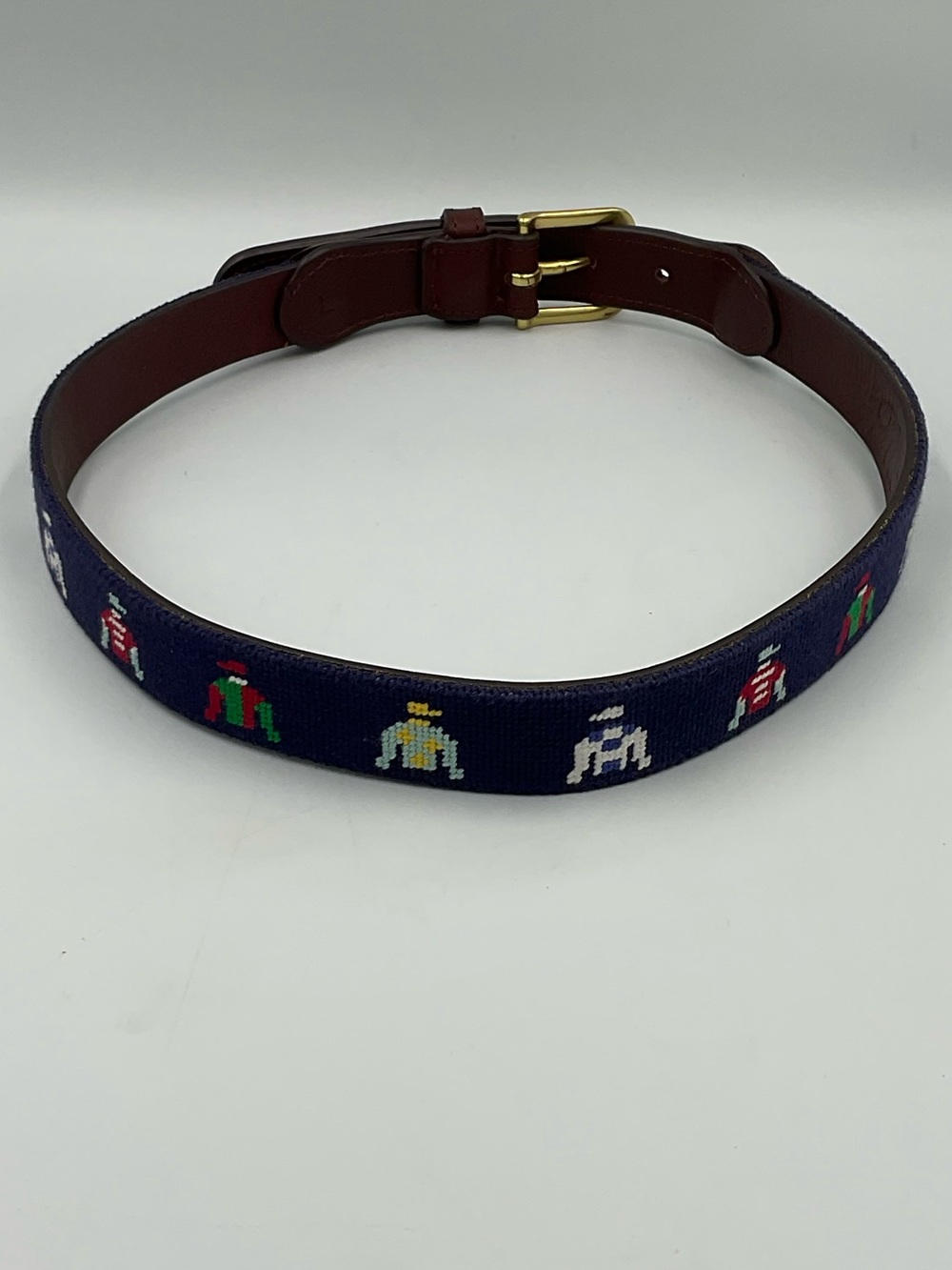 Boy’s Tucker Blair Jockey Silk Hand Stitched Needlepoint Leather Belt Size Large - Picture 5 of 8